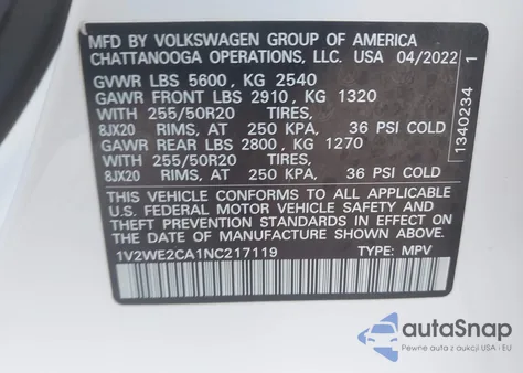 2022 Volkswagen Atlas Cross Sport 3.6L V6 Se W/Technology from USA, damaged, VIN 1V2WE2CA1NC217119